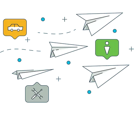 Paper planes, tool box, car icons, regarding email marketing elements