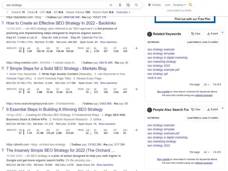 Screenshot of search results showing how it looks like when searching using the keyword seo strategy