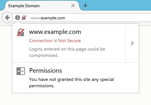 A screenshot showing firefox indicating an insecure site with a warning icon