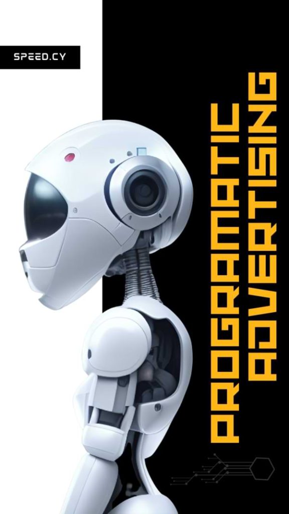 Image with a robot looking to the left and to the right having the words programmatic advertising