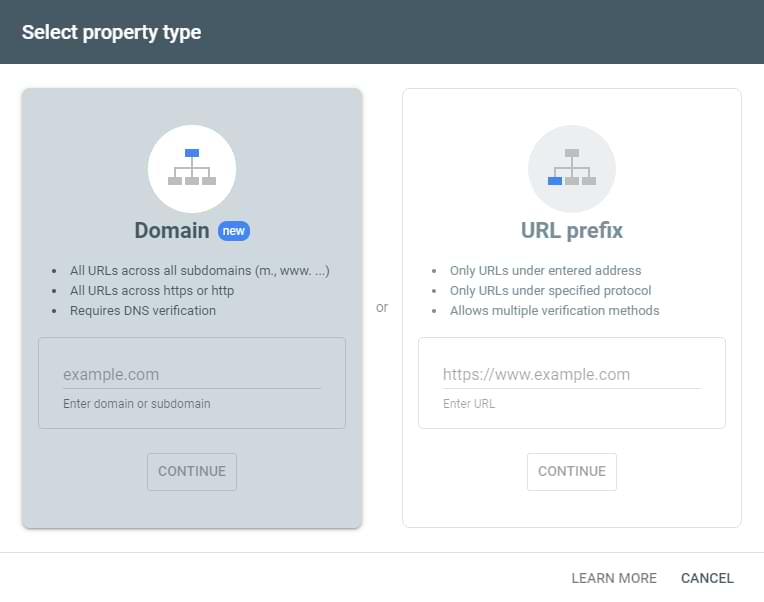 Screenshot of the initial popup windows for adding a domain property to google search console