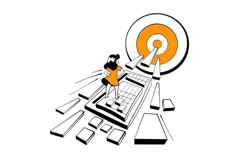Illustration of a woman looking towards an orange bullseye in an article about selecting the right keywords to target