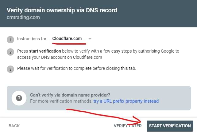 Screenshot of google search console showing the option to add a domain property using cloudflare