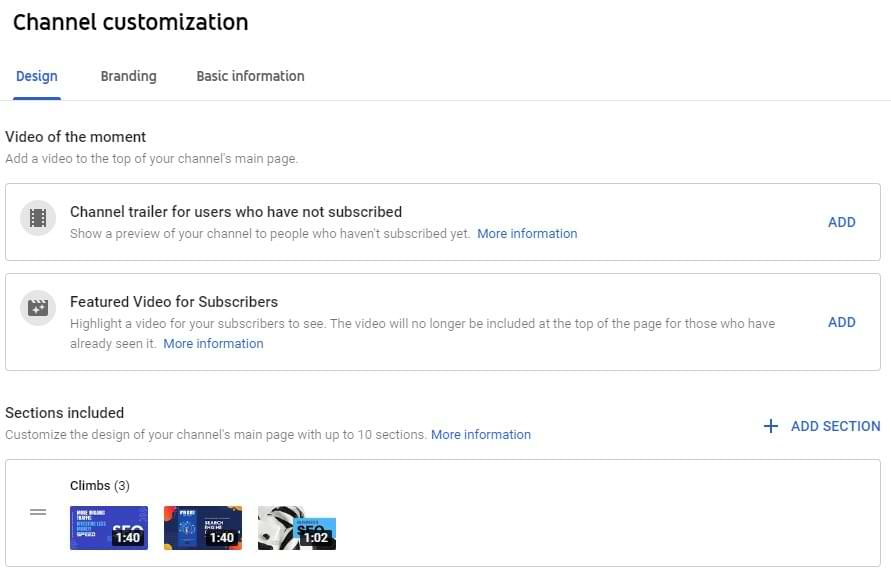 Youtube channel design options configuration