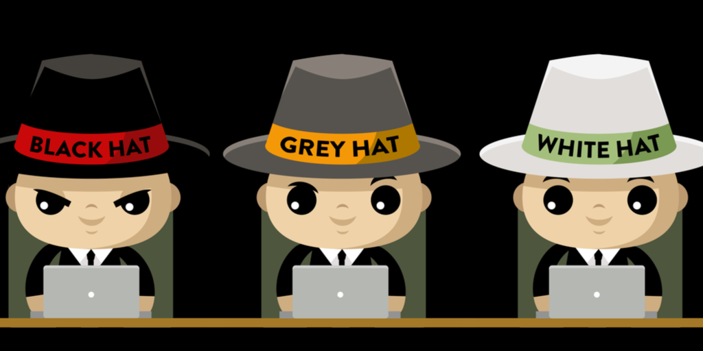 types of black hat seo illustration with three faces wearing gray, white and black hats 