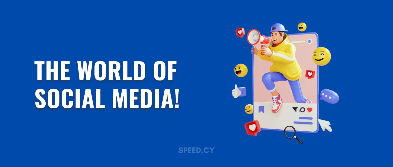 Un hombre que salta desde un dispositivo móvil con un megáfono e iconos de redes sociales - ilustración sobre el mundo de las redes sociales
