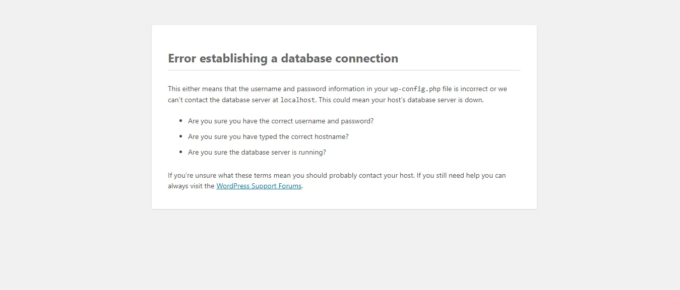 Screenshot of the error establishing a database connection on WordPress
