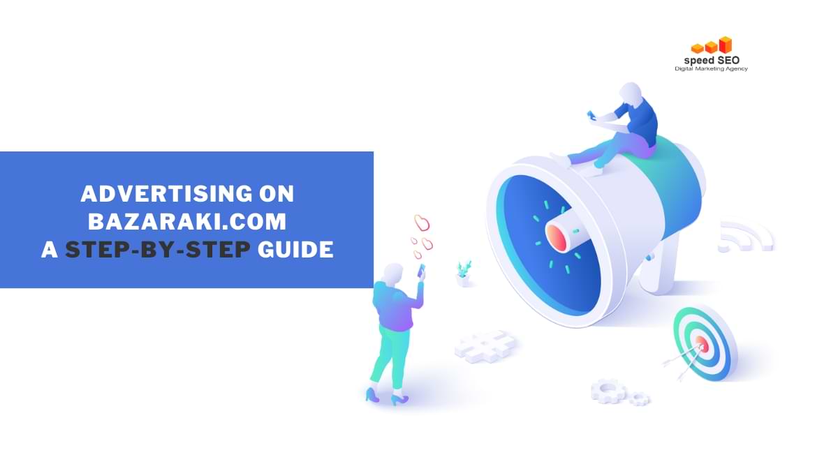 illustration of two persons and a white and blue megaphone on an article about A Step-by-Step Guide to advertise on bazaraki