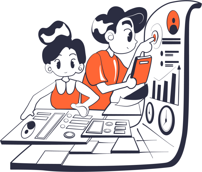 Illustration of two persons, man and female in front of a computer
