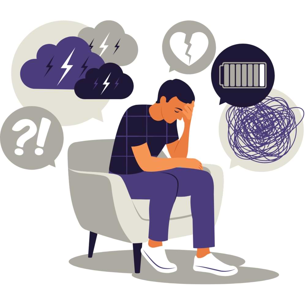 Illustration of a man sitting thinking about lot of things - mistakes of seo