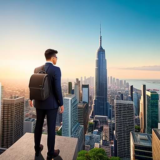 Illustration of a man with a backpack looking a city from the top of a building