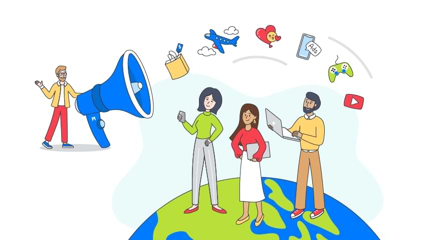 Illustration of three people standing over planet earth and a fourth one to the left with a big blue megaphone used in an article about content localization