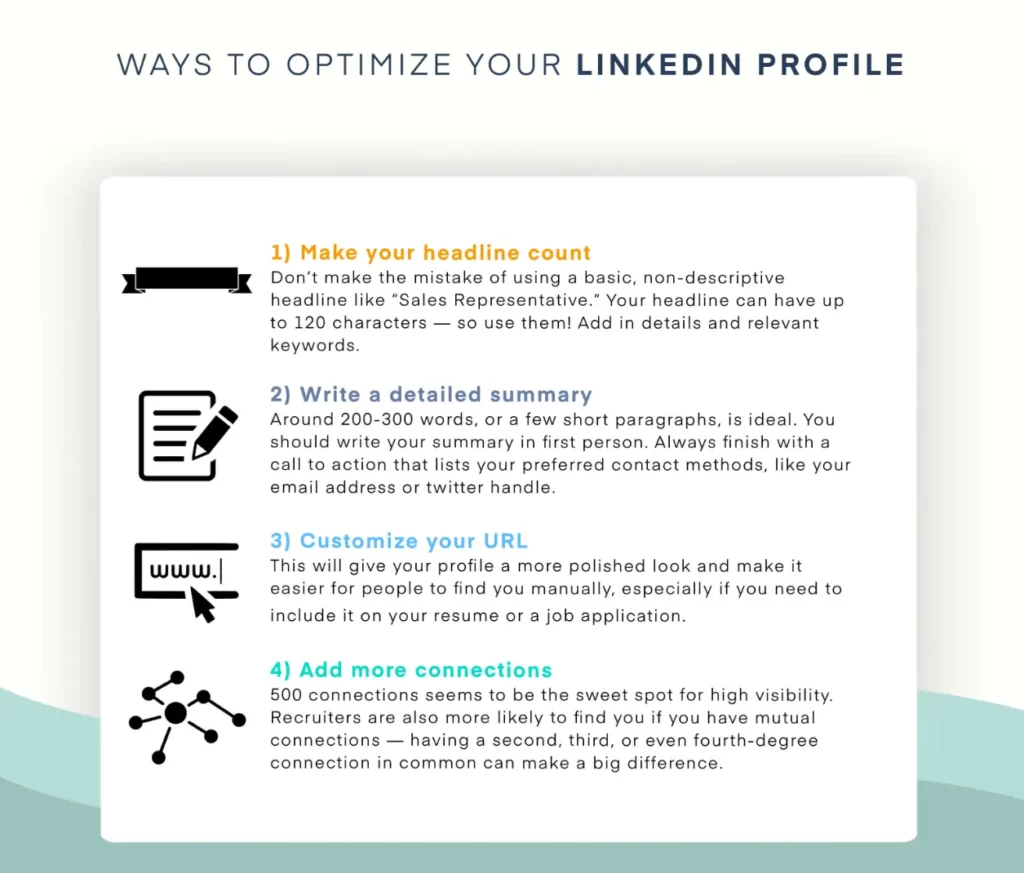 Infographic with tips for optimising a linkedin profile such as relevant keywords, headline, media links, awards etc.