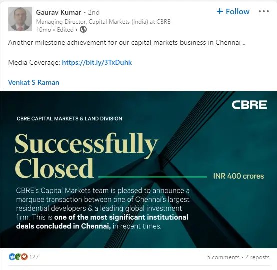 Screenshot of a ceo linkedin profile sharing a success milestone reached