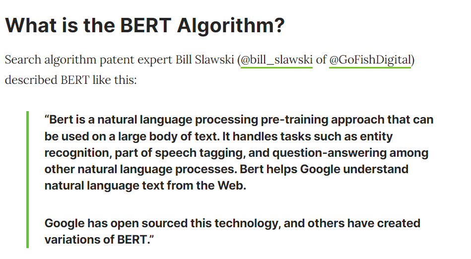 Screenshot explaining what is bert algorithm relate to keyword use