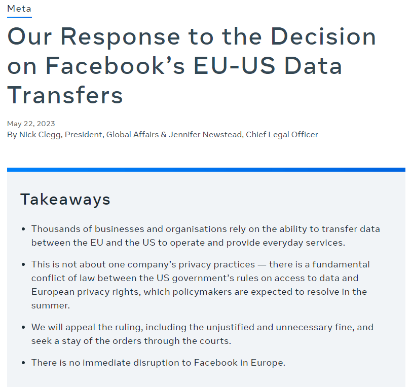 Screenshot with the main takeaways from the respond given by nick clegg, president of global affairs at meta, in response to the decision on facebook’s eu-us data transfers.