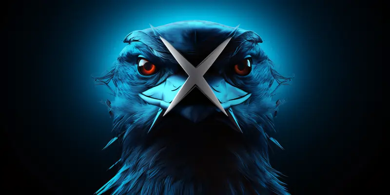 Twitter bird logo, angry and with an x on its pick