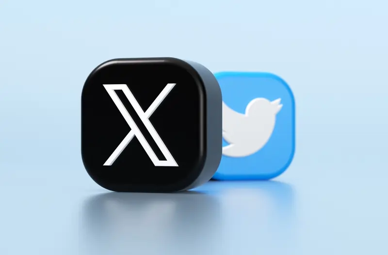 Illustration of the old logo of twitter versus the new one of x